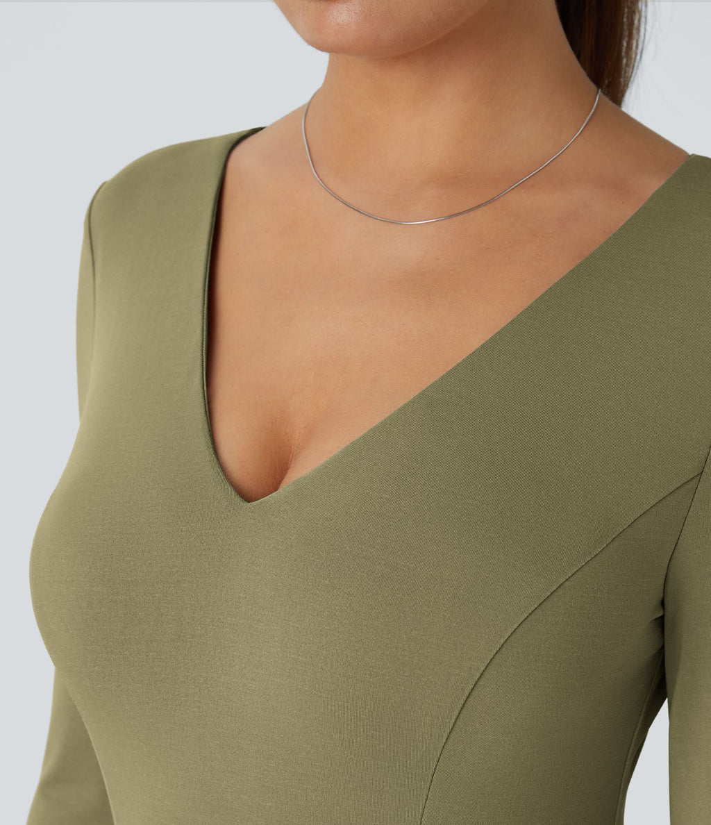 Combinaison Casual à Manches Longues Décolleté en V et Dos Nu Avec Poches Latérales Plissées et Jambes Larges