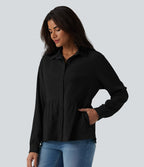 Chemise décontractée peplum à col manches longues avec ourlet à volants effet froissé et poches