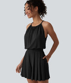 Combishort casual plissé col licou sans manches avec dos à nouer et poches – Easy Peasy