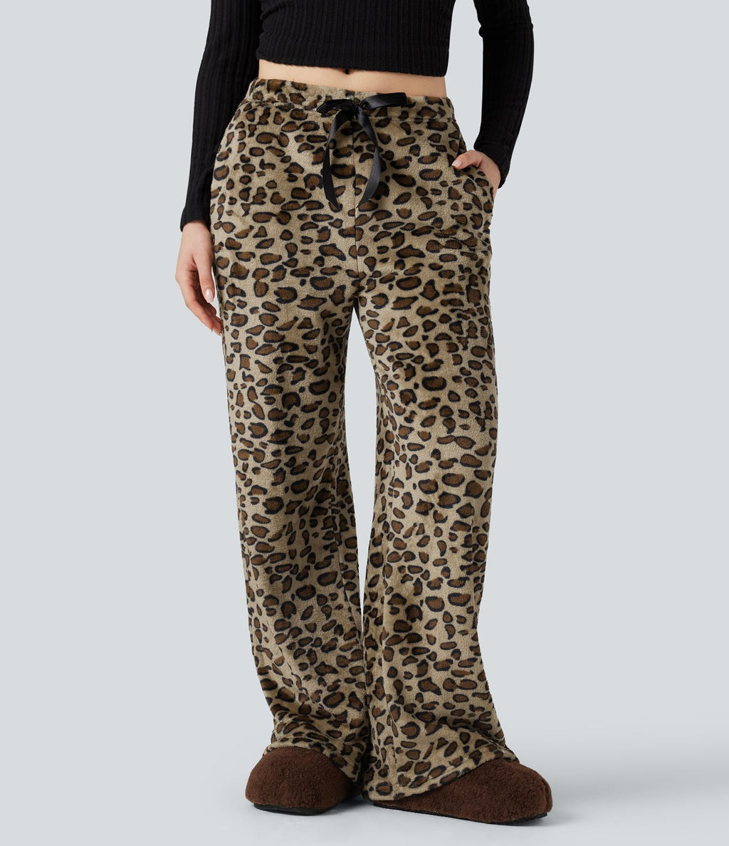 Pantalon large molleton imprimé léopard taille mi-haute avec cordon de serrage et poches