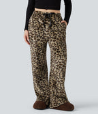 Pantalon large molleton imprimé léopard taille mi-haute avec cordon de serrage et poches