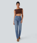 Halara Flex™ Jean casual délavé jambe droite taille haute gainant avec poches