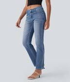 Jean décontracté Halara Flex™ taille basse à jambes droites avec bouton, fermeture éclair, multiples poches, effet délavé en maille extensible