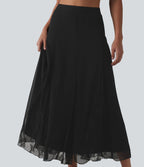 Jupe midi fluide taille haute en mousseline avec dentelle contrastée et fermeture éclair invisible