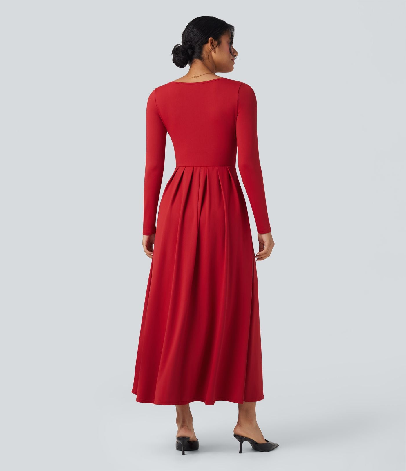 Robe longue décontractée évasée col rond plongeant manches longues avec poches