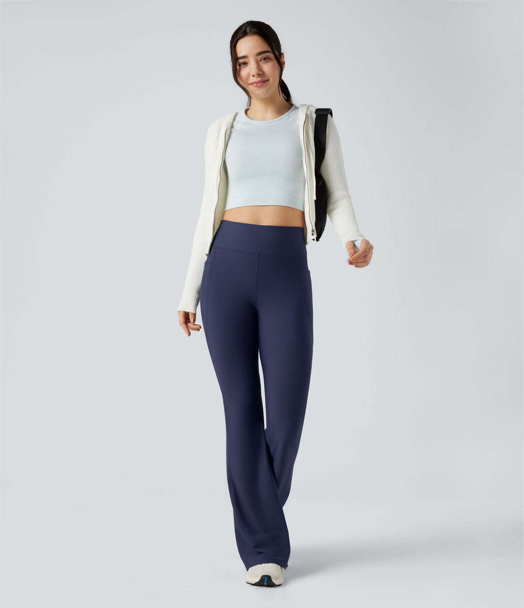 Pantalon de yoga évasé thermique en polaire froncée, taille haute, avec poches