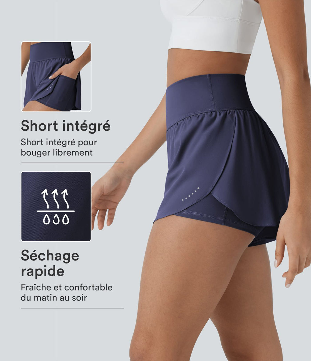 Softlyzero™ QuickDry Short de course à pied 2-en-1 taille haute à ourlet croisé avec pois réfléchissants et poches latérales