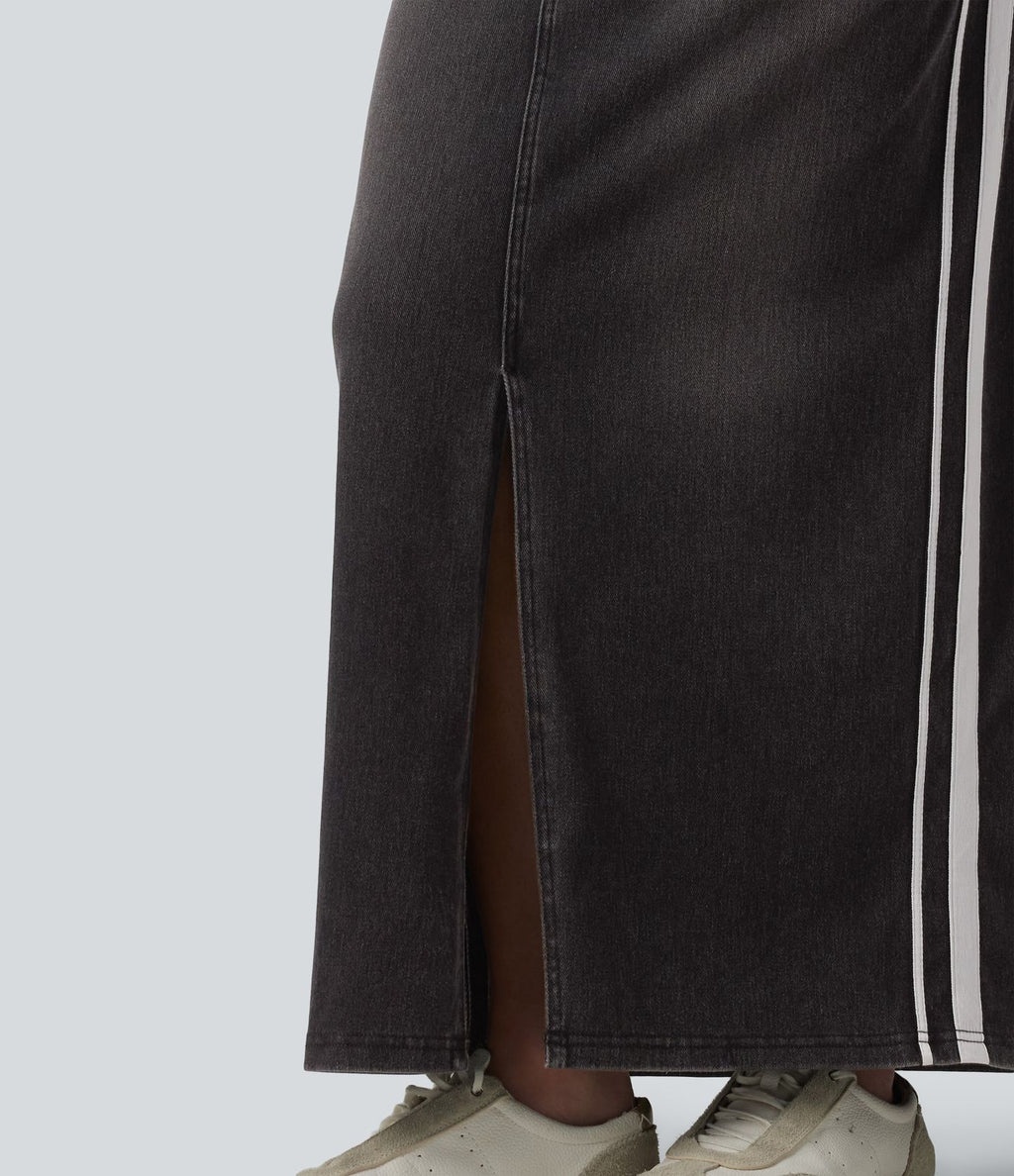 Jupe en jean longue décontractée délavée à rayures taille haute Halara Flex™ avec poches