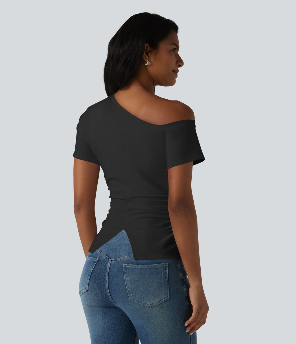 T-shirt SoftlyZero™ Airy asymétrique épaule dénudée froncé avec fente, brassière intégrée et effet frais InstantCool