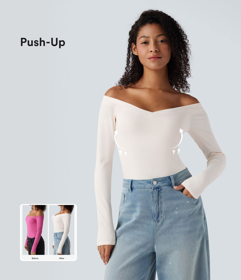 Top casual push-up côtelé épaules dénudées à manches longues - Bonnet A/B
