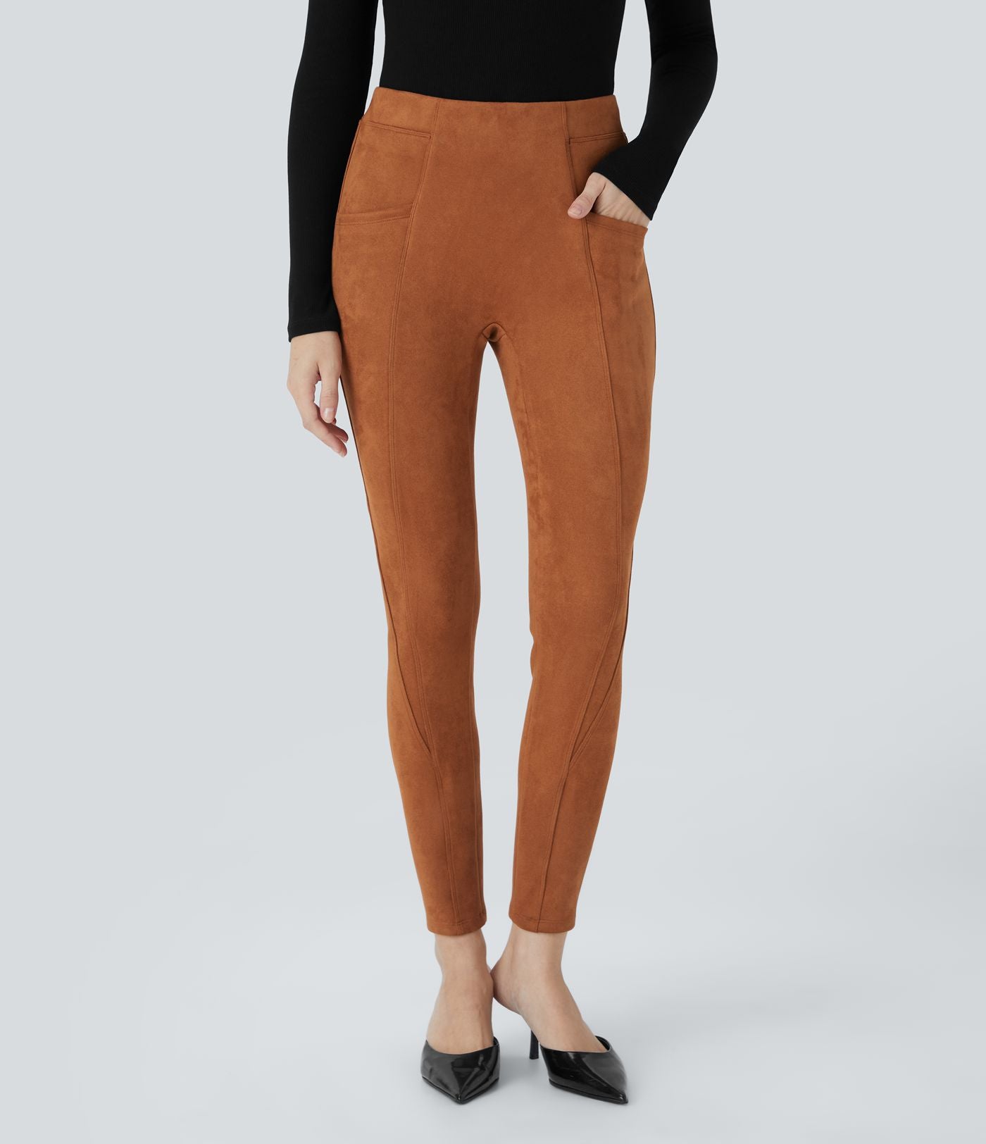 Legging décontracté en suédine taille haute, gainant, avec poches latérales