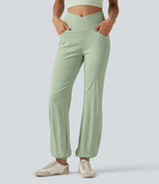 Jogging bouffant casual en lin extensible à taille haute croisée avec poches