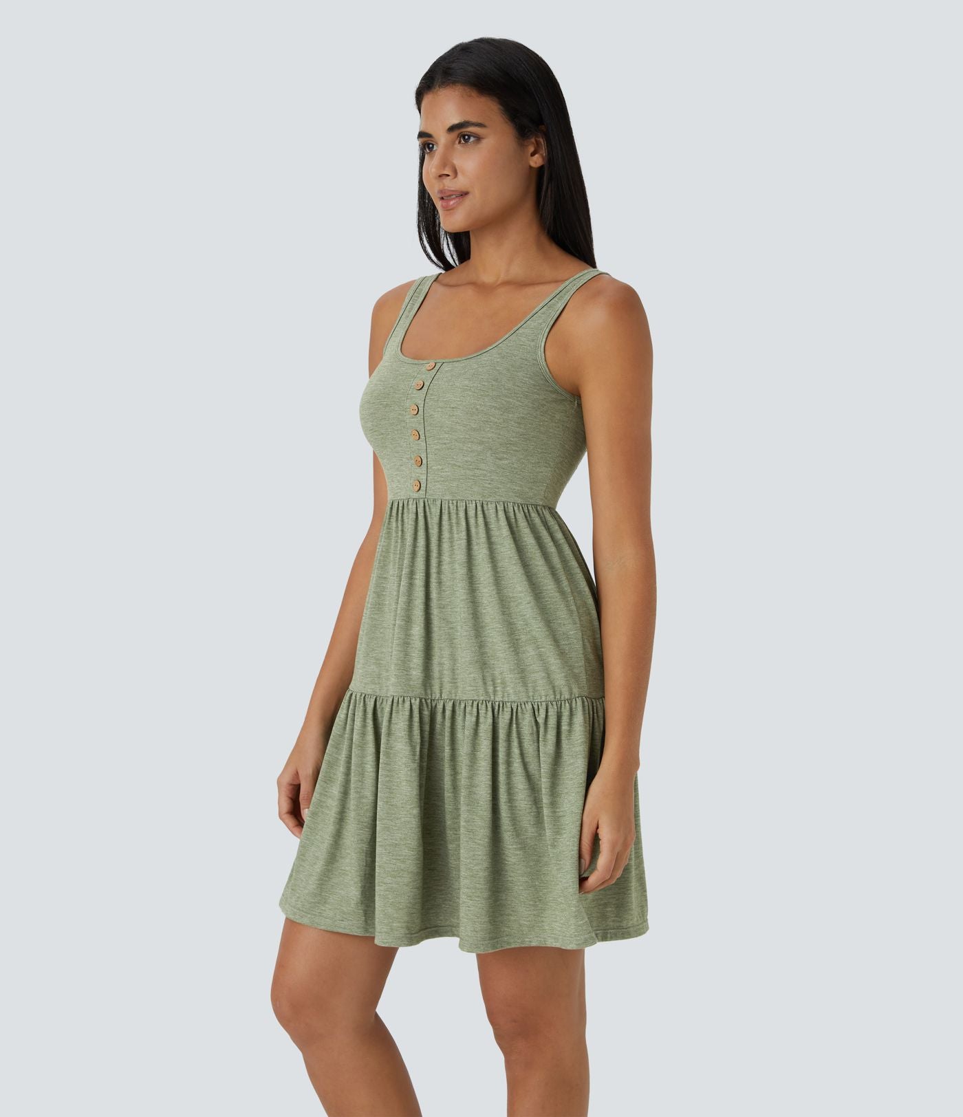 Robe Mini Vacance Fluide à Encolure en U Dos Nu avec Boutons Ourlet Volanté Plissé