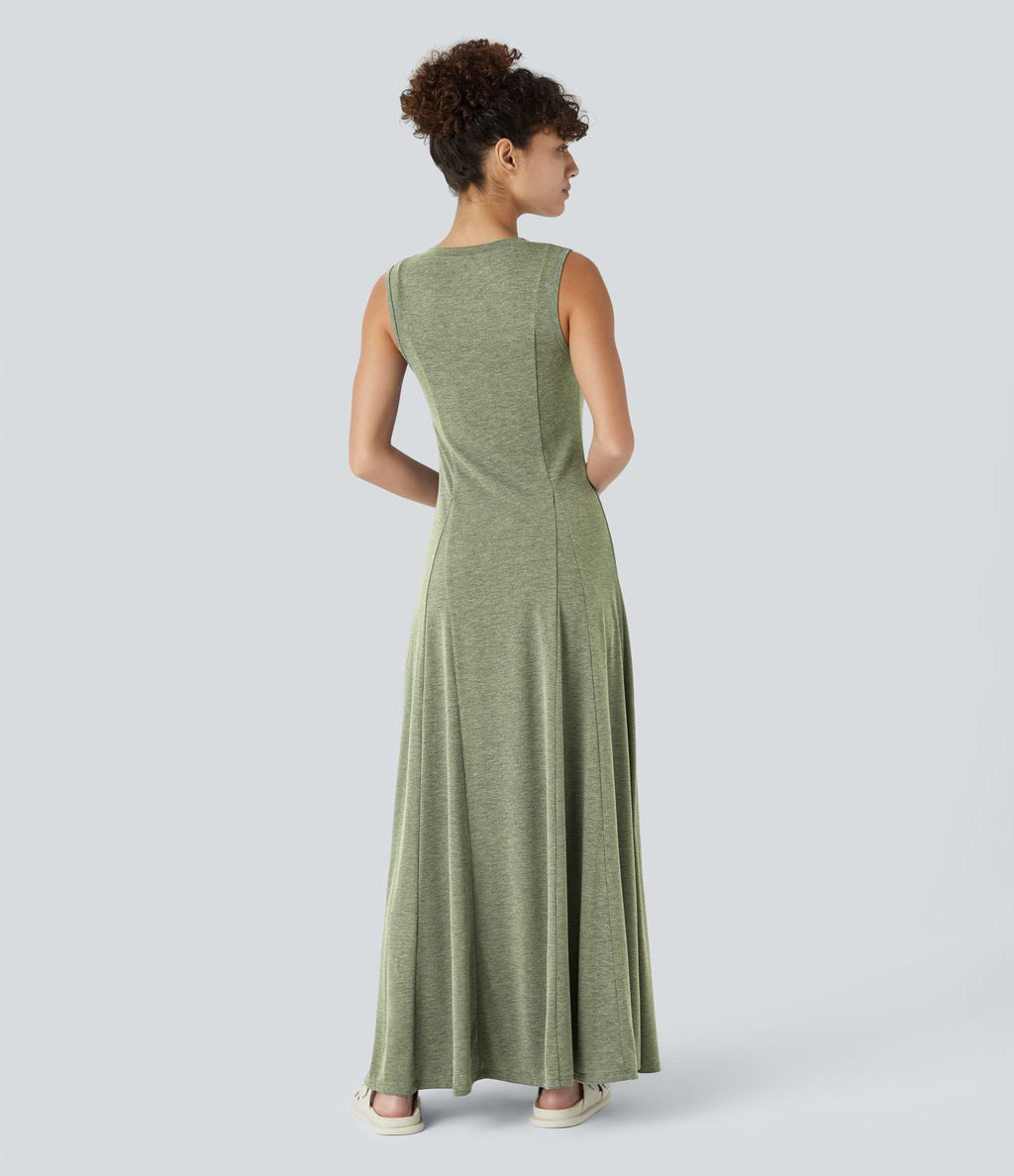Robe Casual Maxi Col Rond Sans Manches Boutonnés