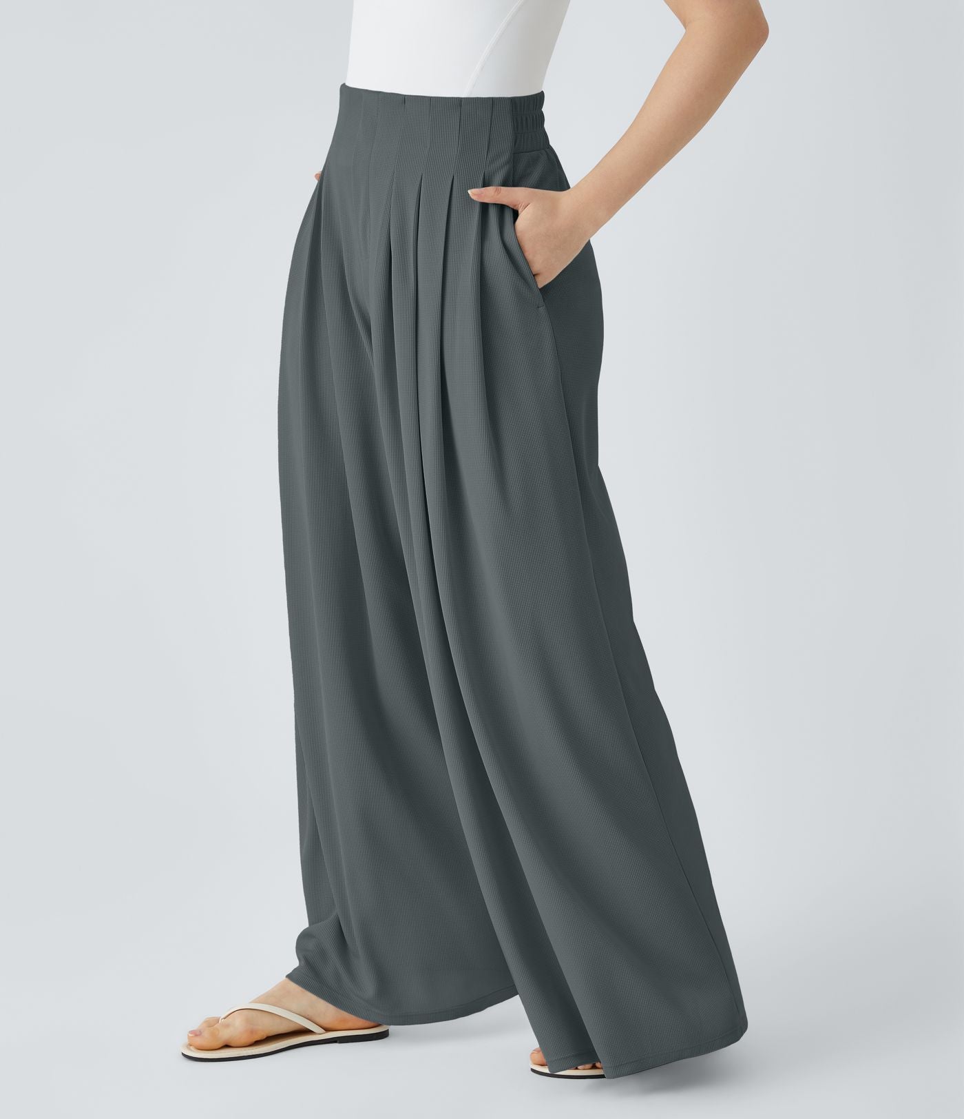 Pantalon décontracté palazzo en maille gaufrée, fluide, large, plissé, taille haute, avec poches