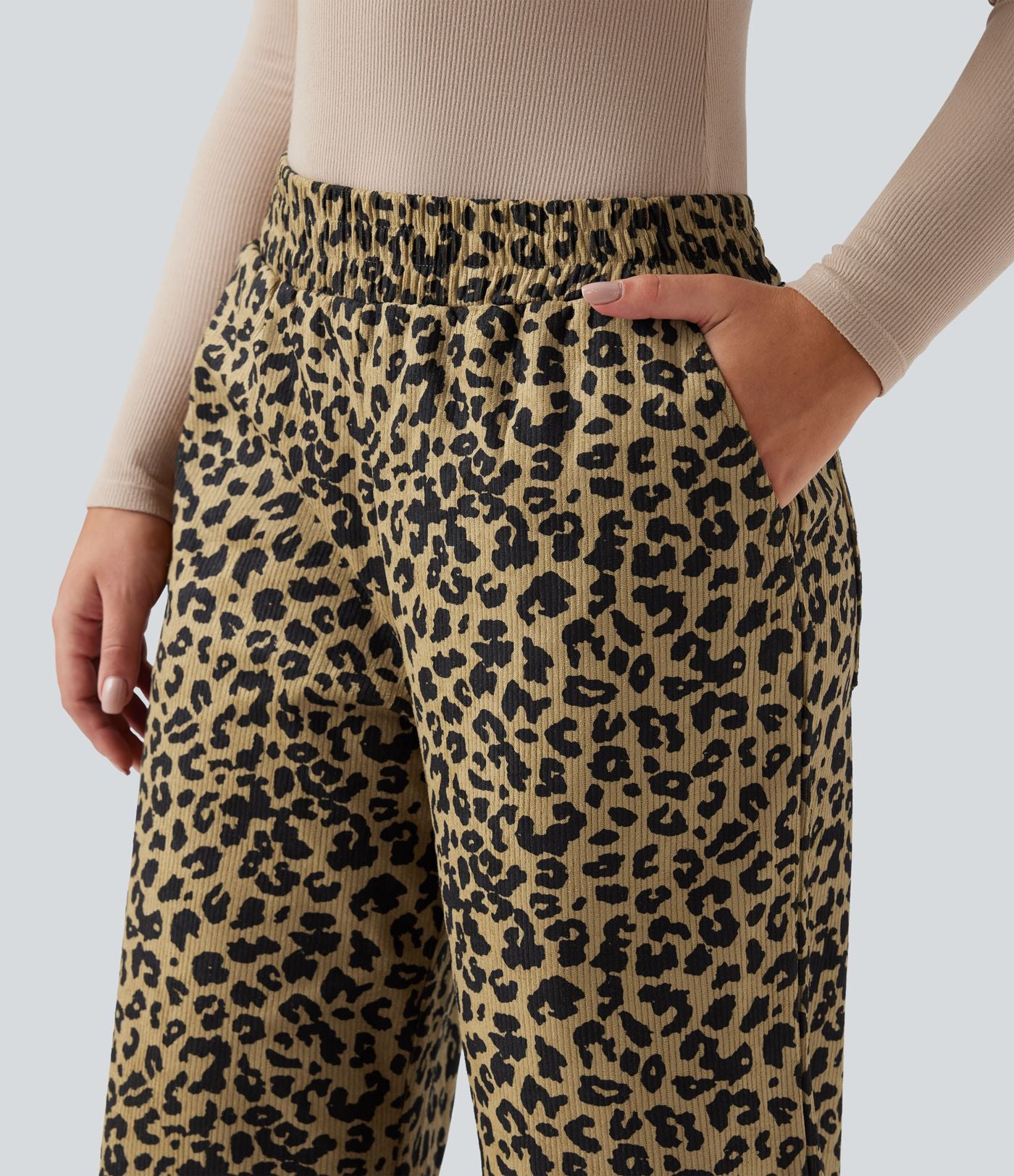 Pantalon léopard ample décontracté velours côtelé imprimé taille haute avec poches