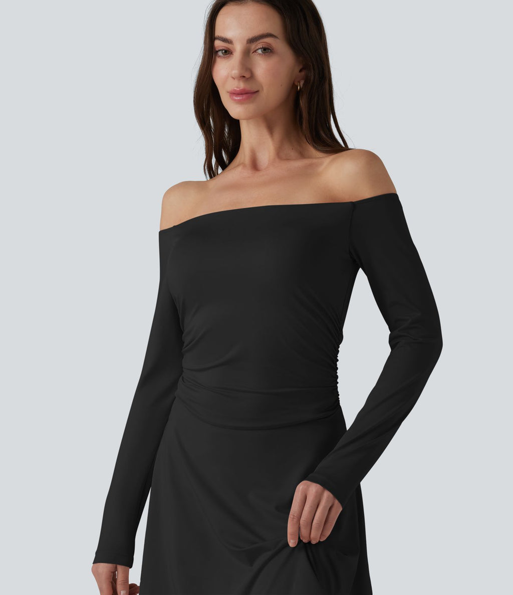 Robe décontractée 2-en-1, épaules dénudées, manches longues, fronces, brassière intégrée, à poche — Easy Peasy