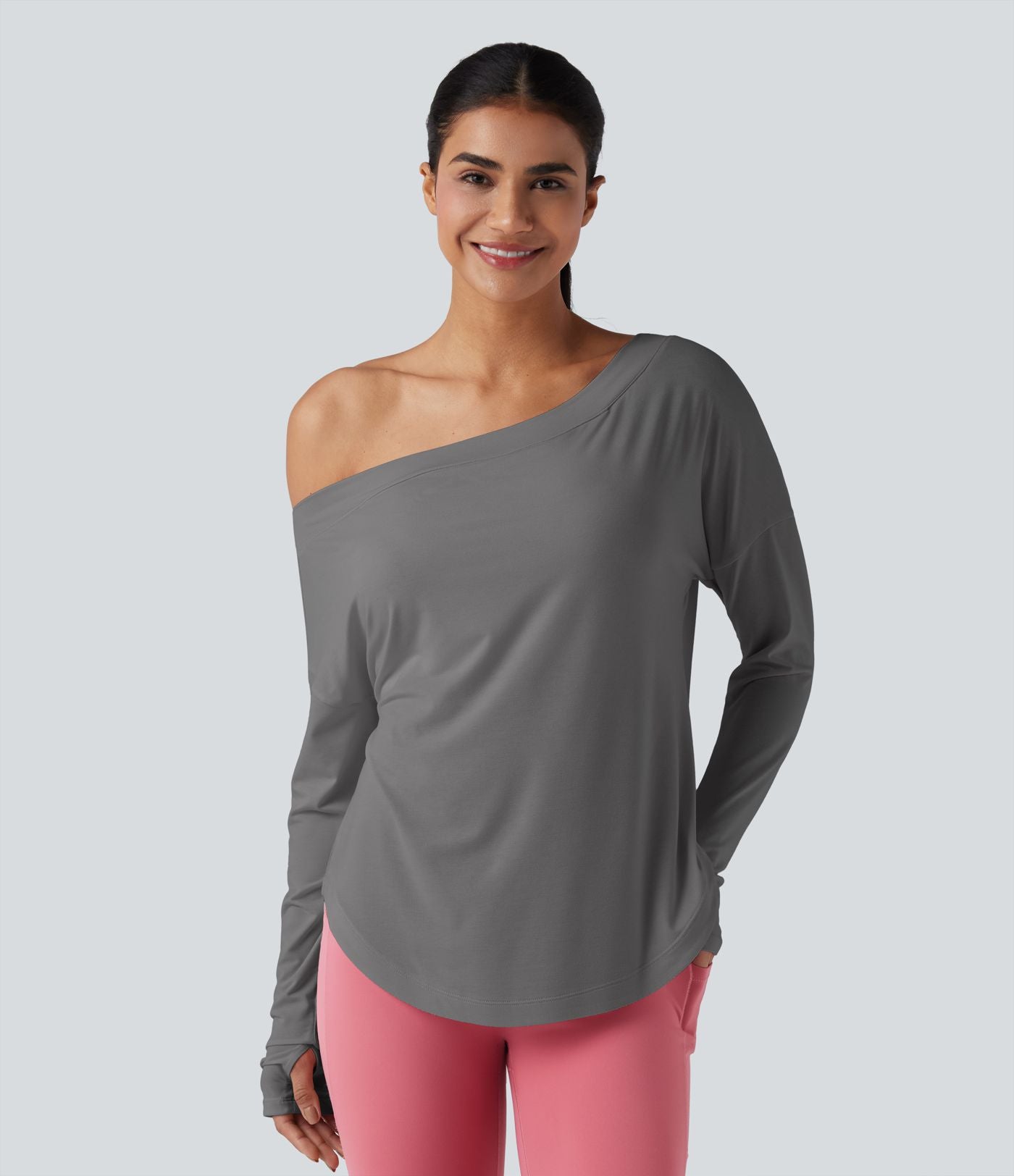 Top de sport yoga une épaule séchage rapide ourlet arrondi asymétrique manches longues avec trous pouces - Brassière intégrée
