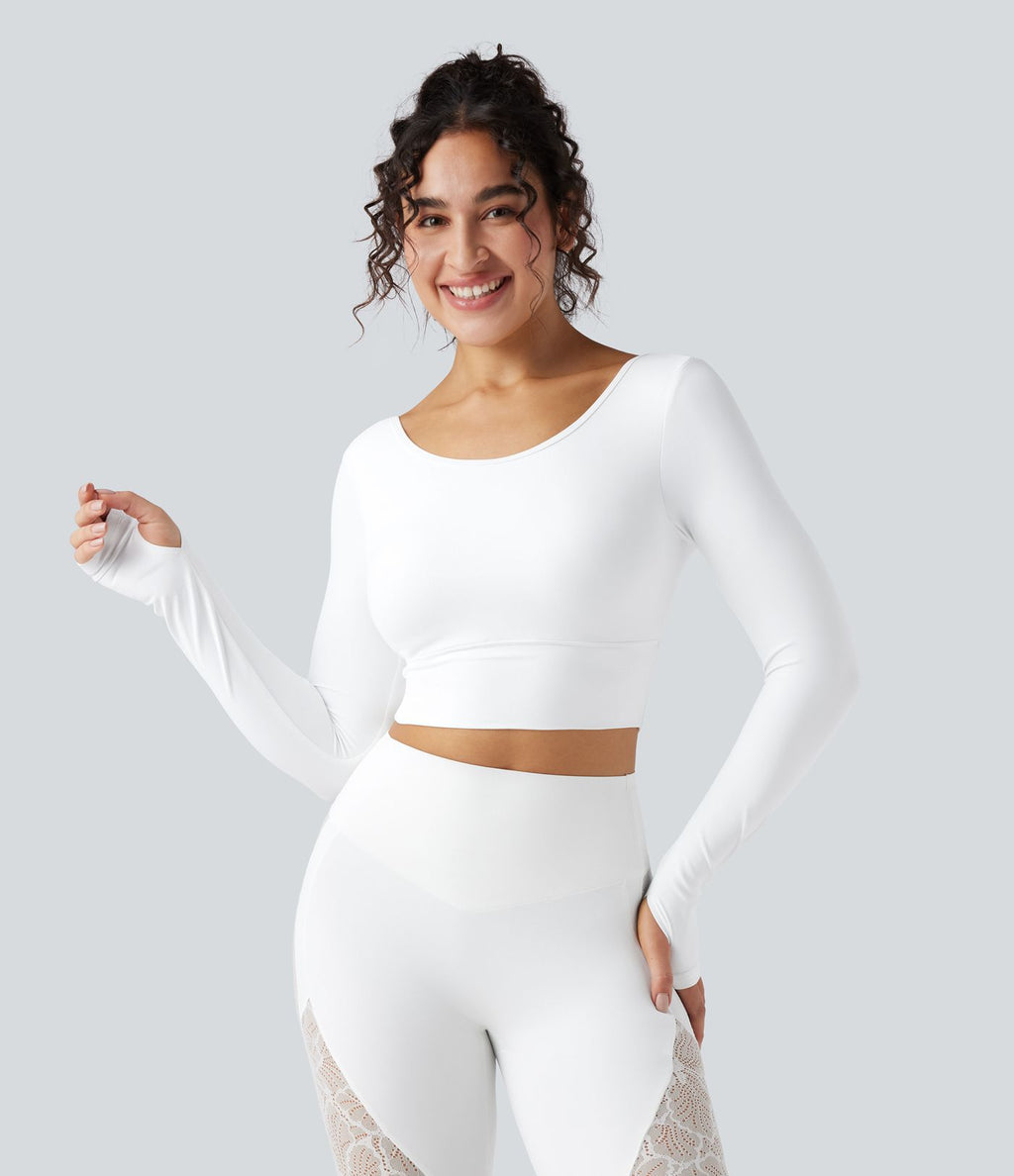 Haut de sport yoga court push-up à manches longues avec passants pouces et dentelle contrastée - UPF50+ SoftlyZero™
