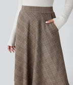 Jupe midi évasée à taille haute et poches latérales, motif pied-de-poule
