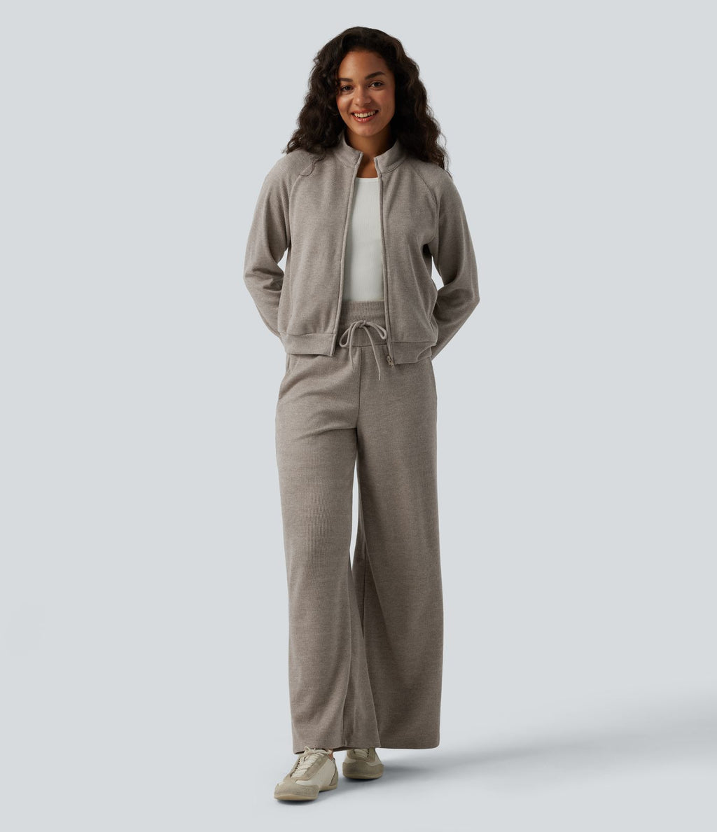 Veste casual côtelée à col montant, manches longues et fermeture zippée avec poches