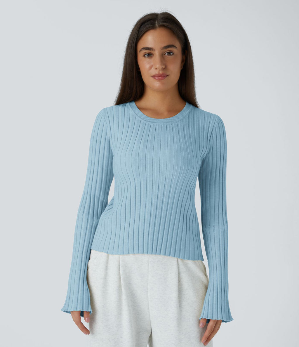 Pull Décontracté à Col Rond, Manches Longues et Volants