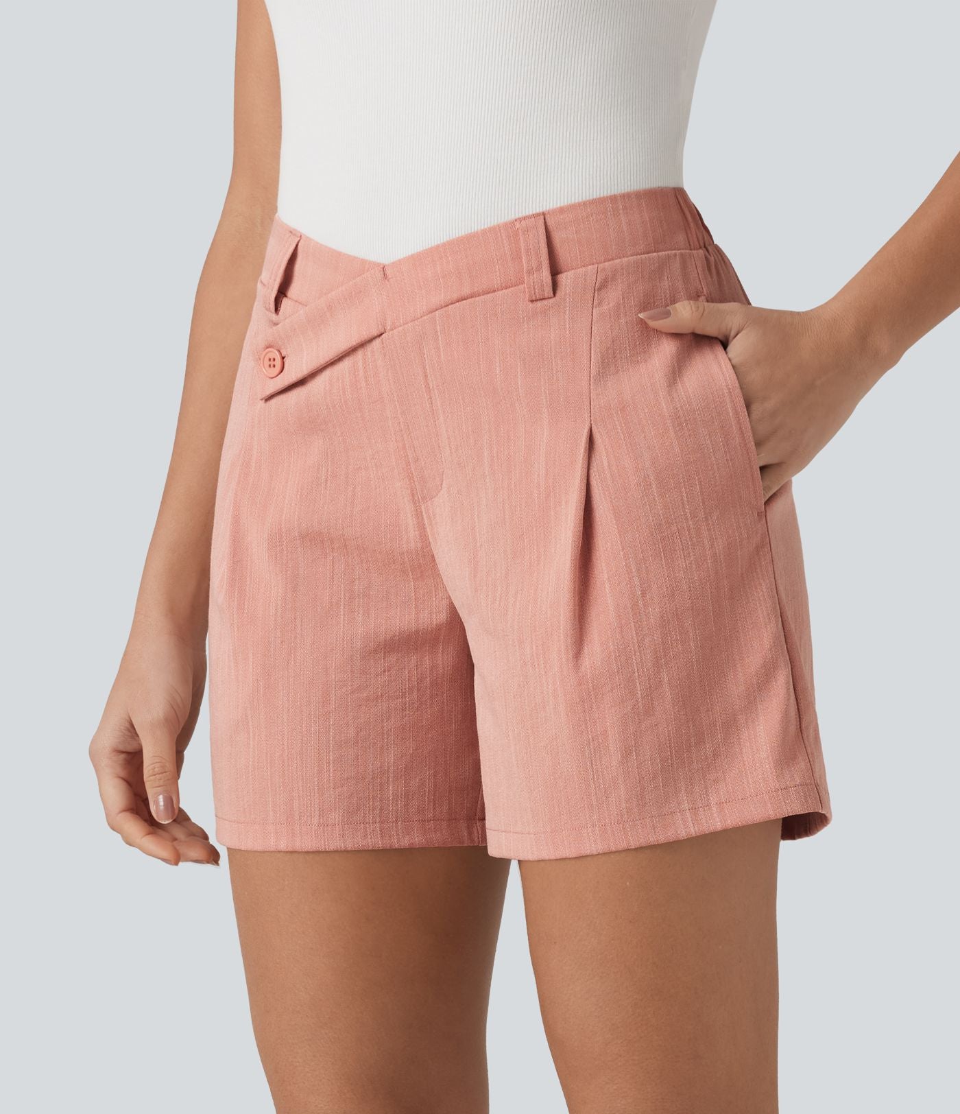 Short tailleur baggy asymétrique taille mi-haute aspect lin 12,5 cm avec poches