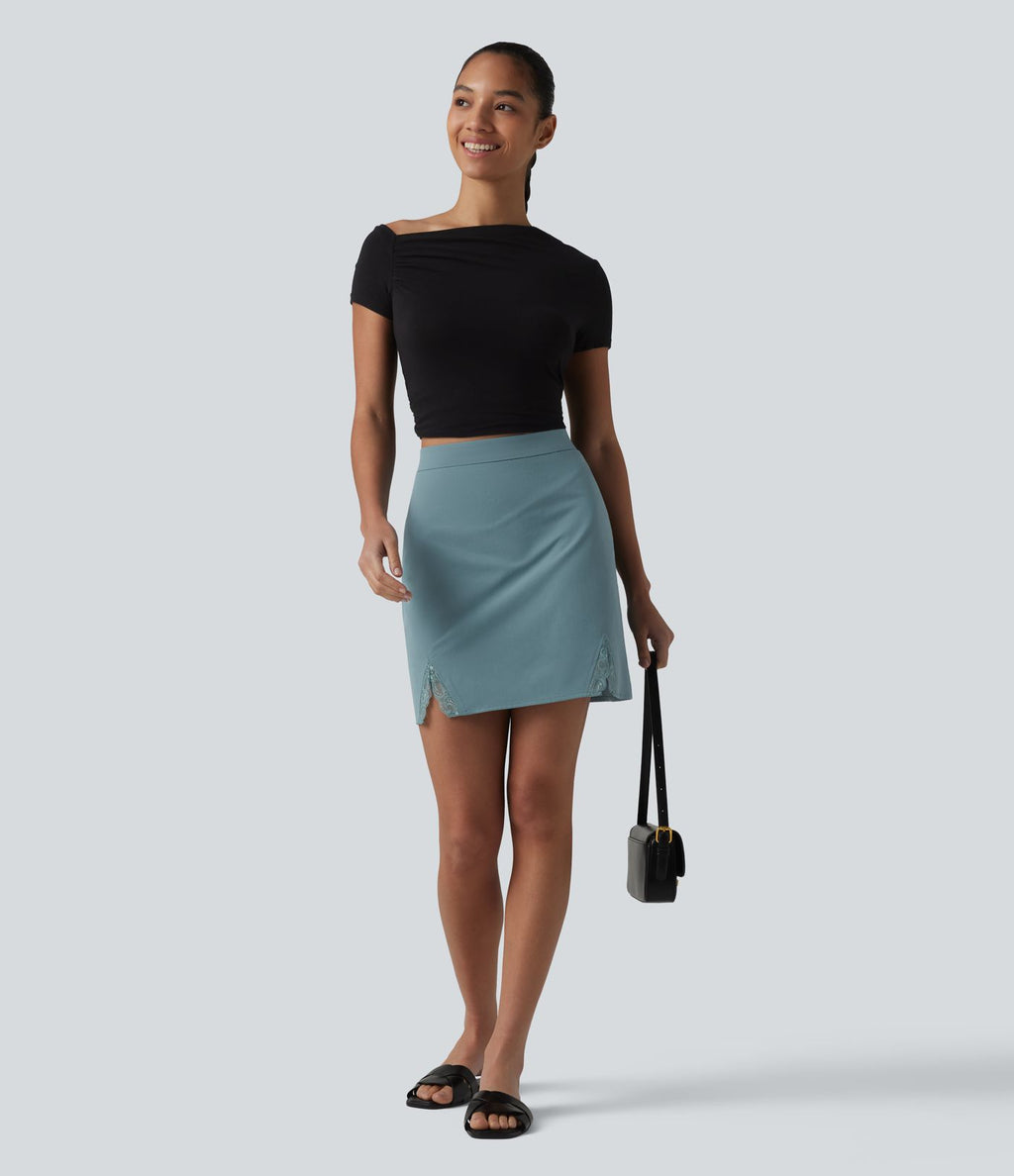 Jupe mini casual taille haute en popeline extensible avec dentelle contrastée