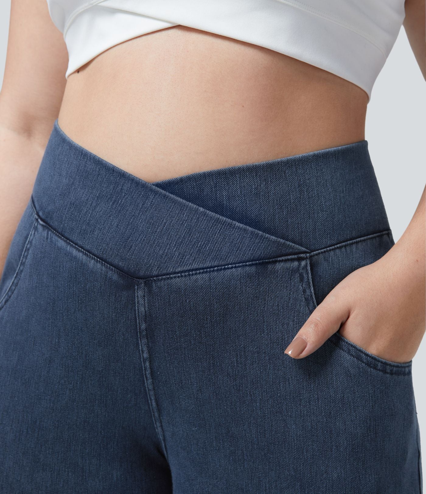 Halara Flex™ Legging Travail  7/8 Taille Croisée en Denim Tricot Extensible Taille Haute Poches Multiples Grande Taille
