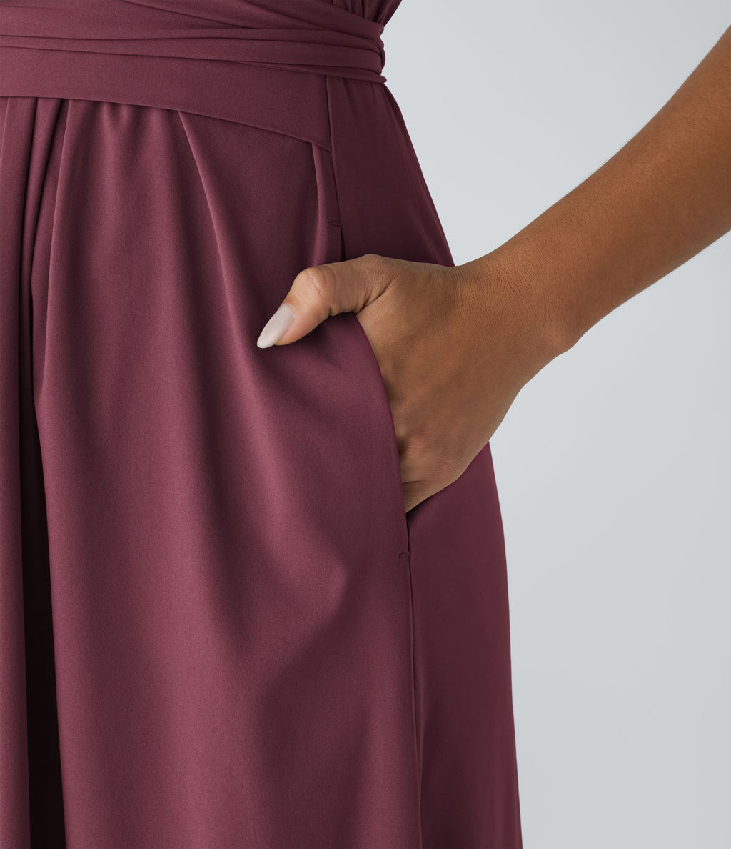Breezeful™ Robe Mi-Longue Col en V Manches Courtes Poche Latérale Nouée au Dos Séchage Rapide