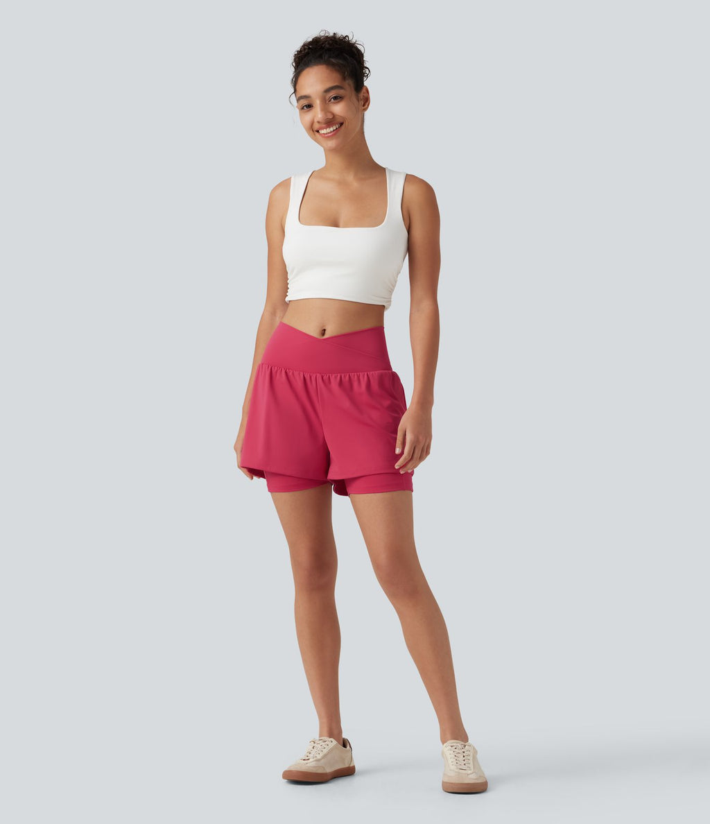 Short de yoga 2-en-1 taille haute croisée en SoftlyZero™ Airy à effet frais InstantCool 12,5 cm avec poches