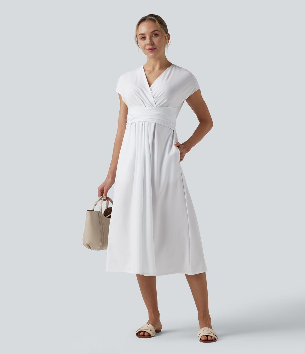 Robe midi Breezeful™ col V manches courtes à liens dans le dos séchage rapide avec poches latérales