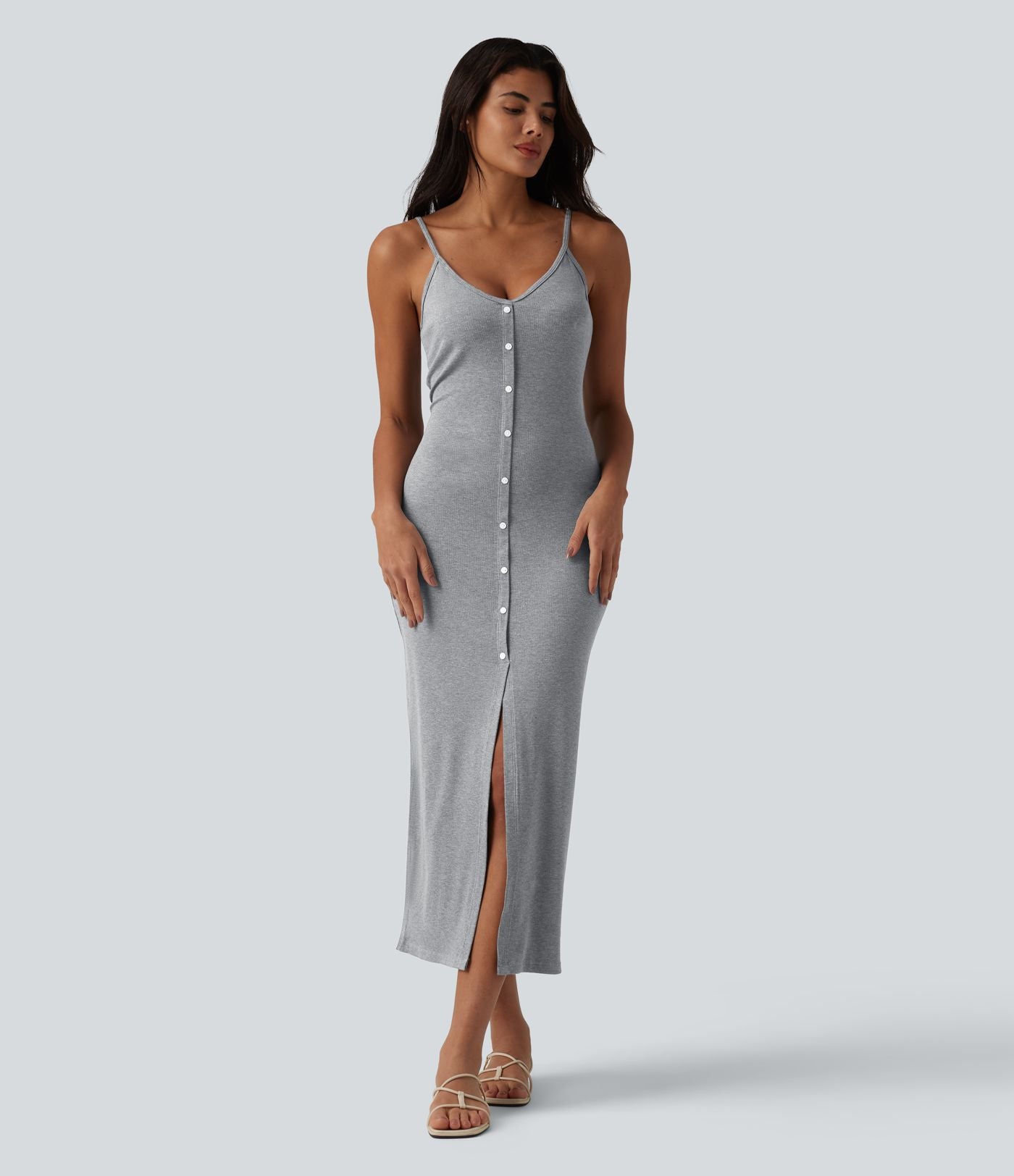 Robe nuisette casual midi moulante côtelée à bretelles réglables avec boutons décoratifs et fente