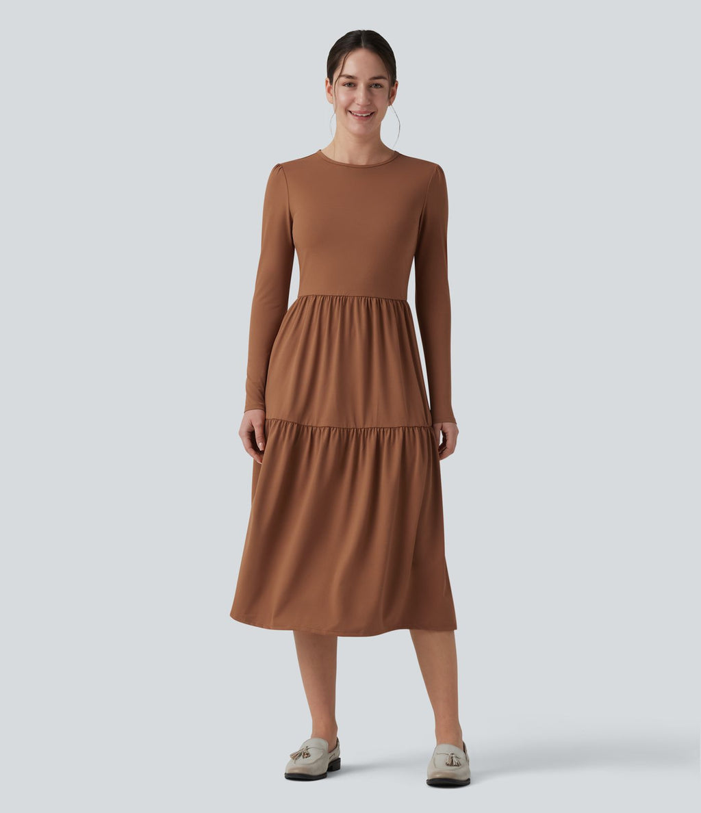 Robe tailleur mi-longue col rond manches longues ourlet à volants étagés