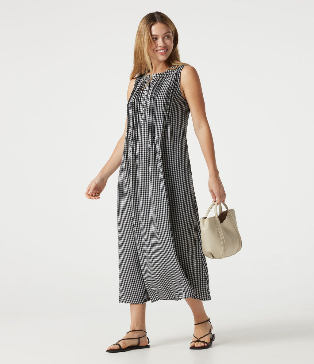 Robe casual midi à carreaux toucher lin col rond sans manches à poches