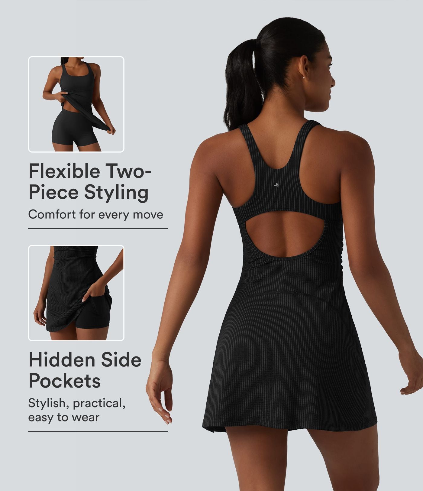 Robe sport mini de tennis 2 pièces à col U, soutien-gorge intégré, rayures, séchage rapide et poches - UPF40+