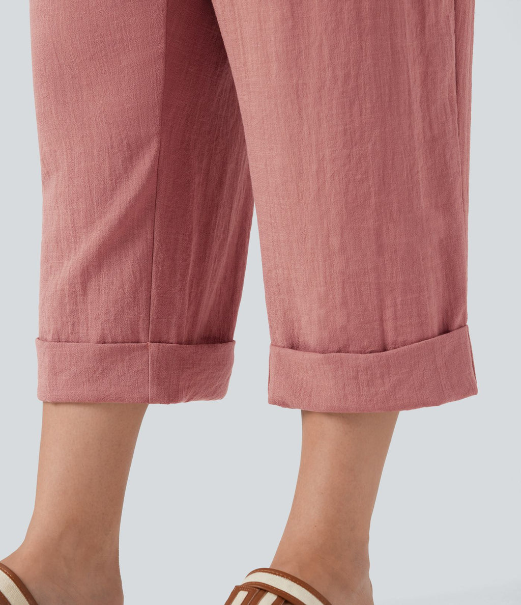 Pantalon de villégiature capri effet lin, grande taille, taille haute, avec poches