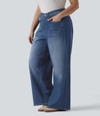 Jean large Halara Flex™ ample casual délavé taille haute asymétrique grande taille avec poches