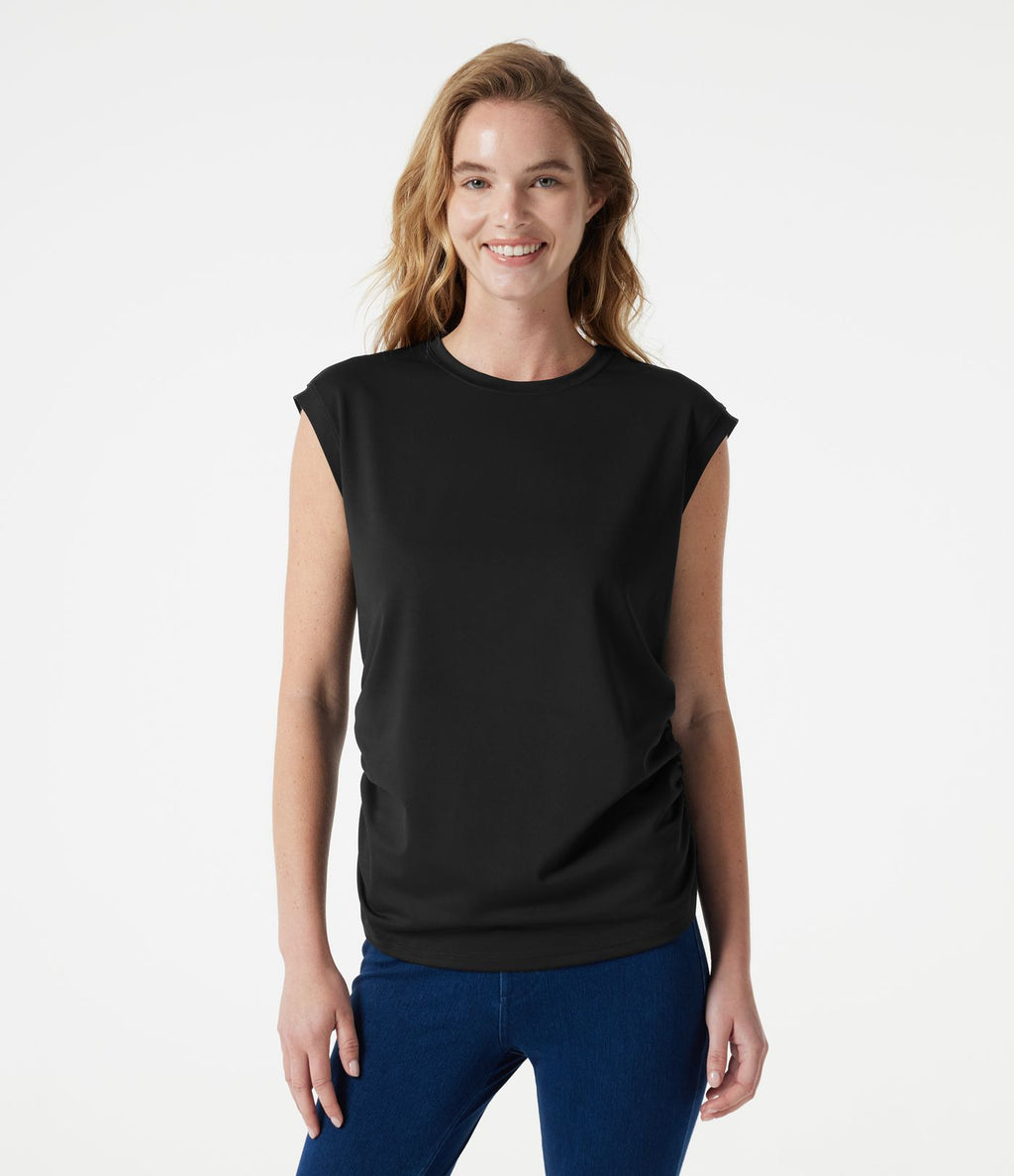 T-shirt casual froncé à col rond et manches courtes