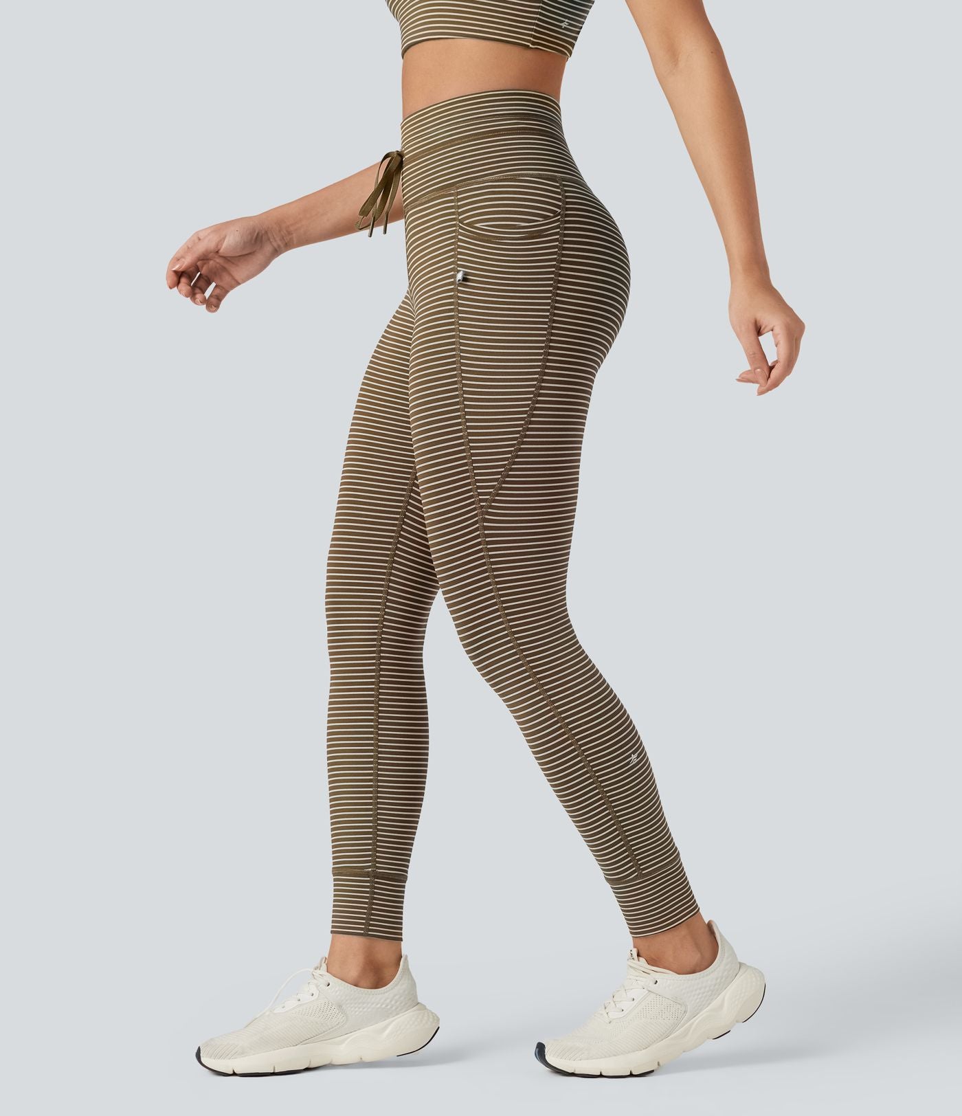 Legging de yoga rayé taille haute avec cordon de serrage et poches
