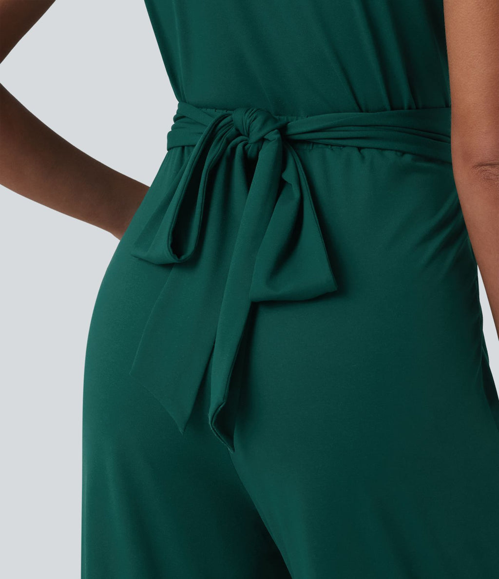Combinaison tailleur plissée croisée col V à manches courtes avec lien noué et poches — Easy Peasy