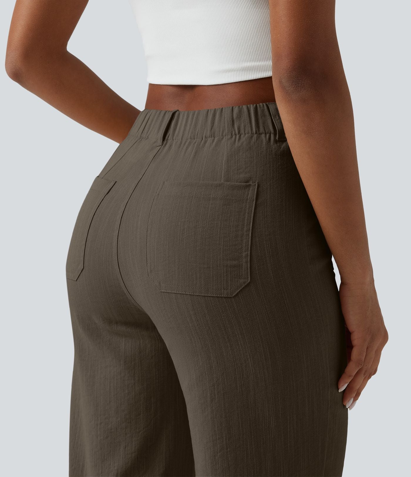 Pantalon taille haute coupe droite effet lin avec poches