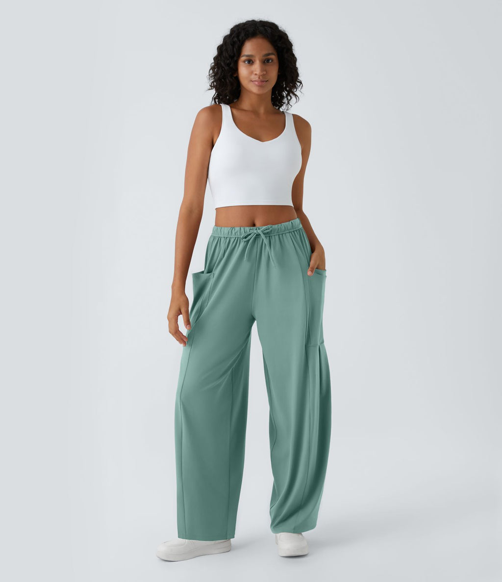 Pantalon Large Fluide Taille Mi-Haute Taille Élastique Cordon Poches Latérales Ourlet Flottant