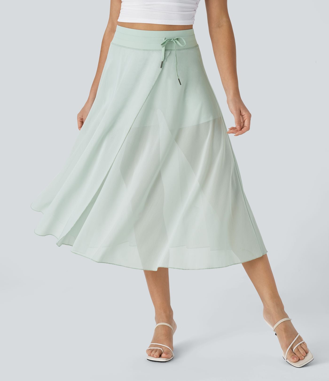 Jupe Casual Évasée Mesh Mi-Longue Fuide 2 en 1 Contrastée Taille Haute Cordon Poche Latérale