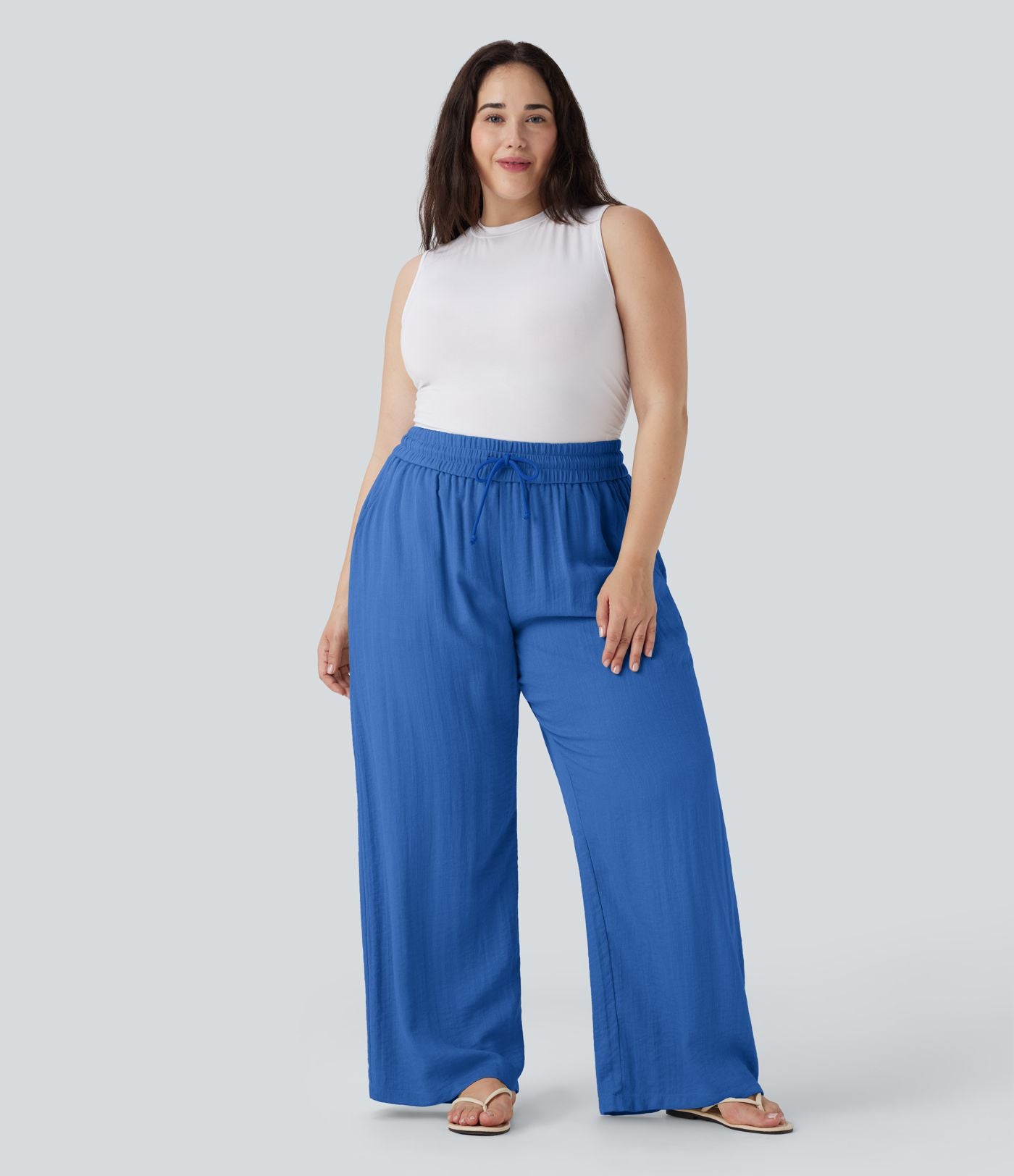 Pantalon décontracté grande taille large fluide taille haute effet lin avec cordon de serrage et poches