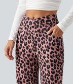 Pantalon large décontracté taille haute croisé imprimé léopard en tissu gaufré avec poches