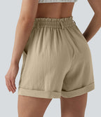 Short resort 12,5 cm taille haute effet lin avec ourlet roulotté et poches