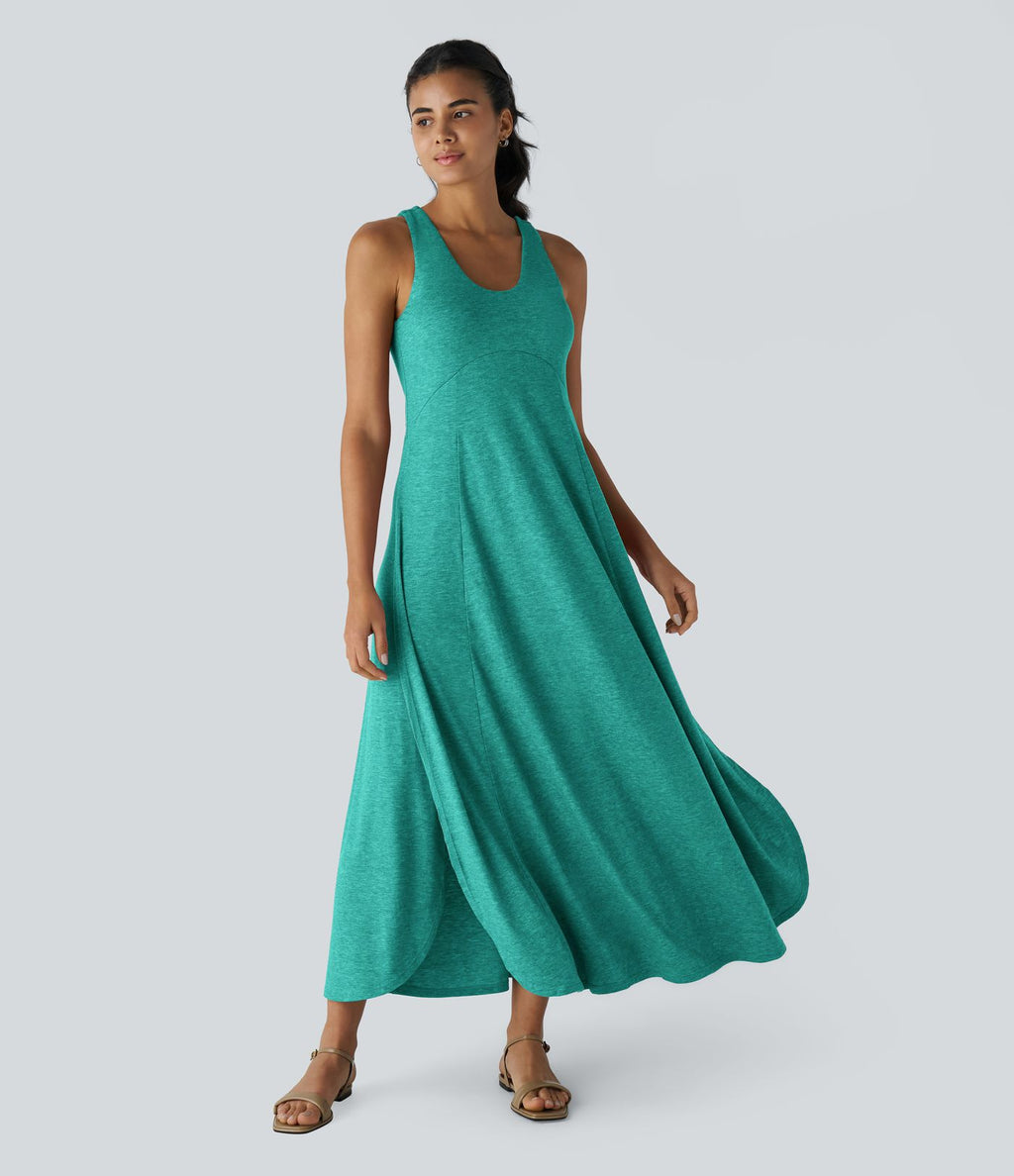 Robe Casual Débardeur Longue Fluide Fendue Dos Nu à Col en U