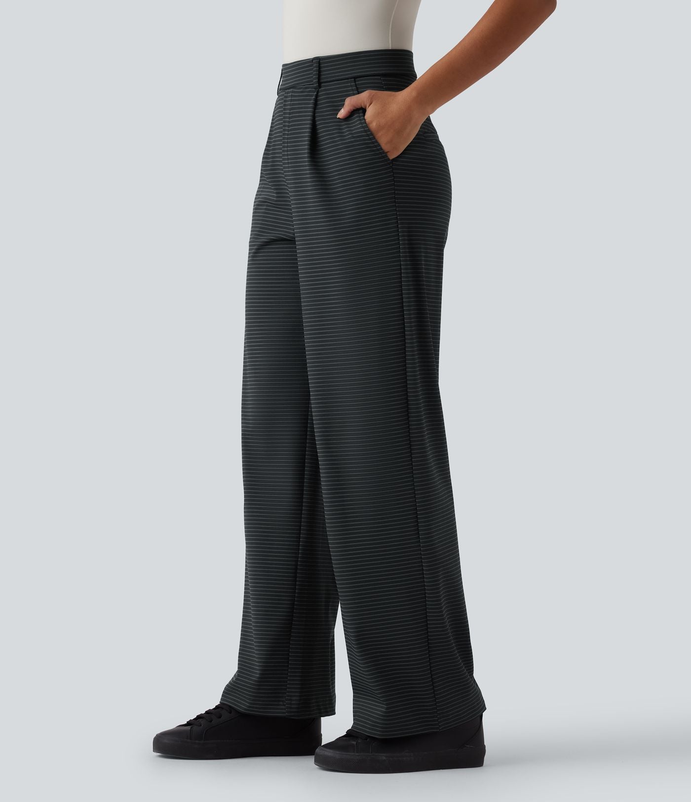 Pantalon de travail droit taille haute à rayures avec poches