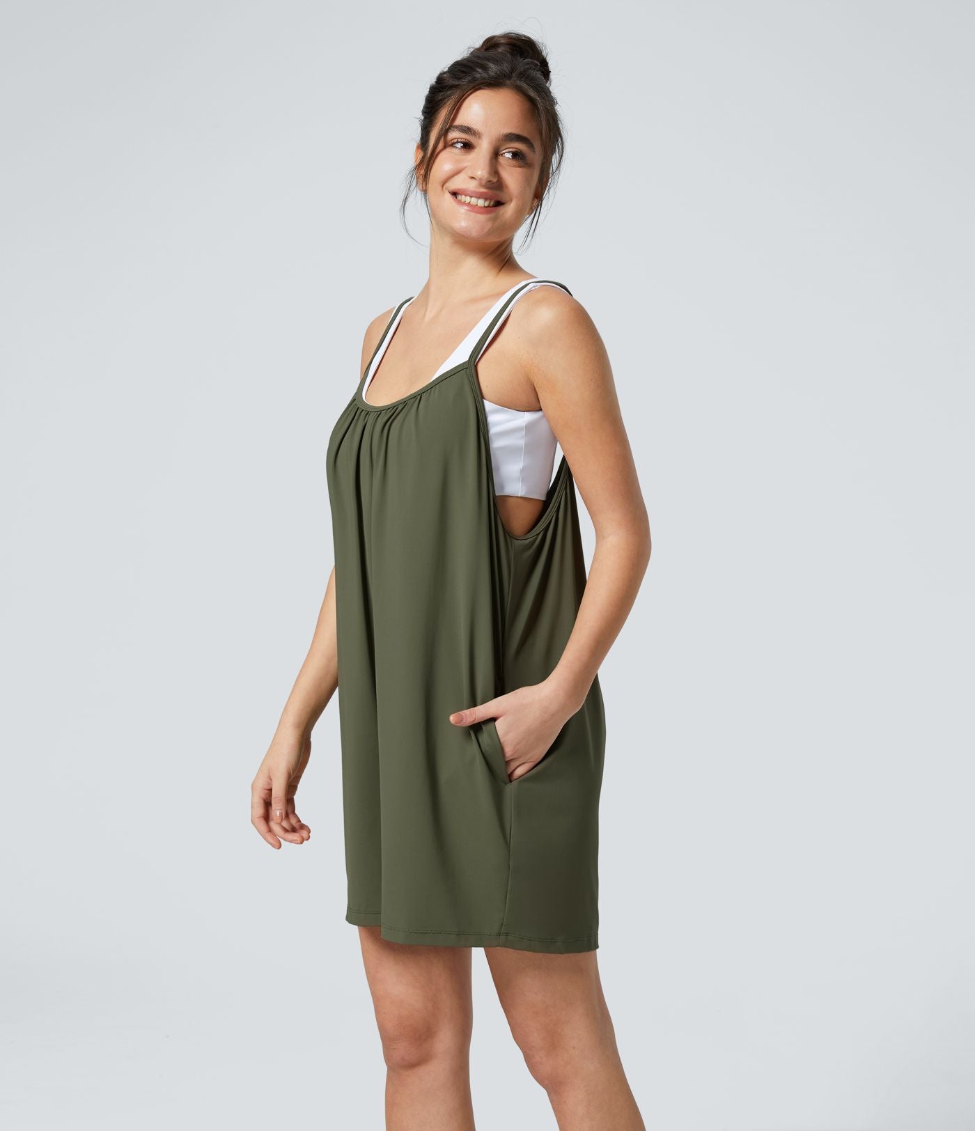 Combinaison Large Casual à Jambes Larges Solide avec Fines Bretelles Réglables Poches Latérales Plissées
